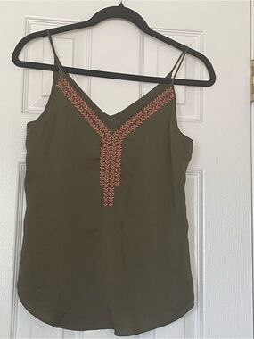 Express Olive Green Cami with Pink Embroidered V Detail